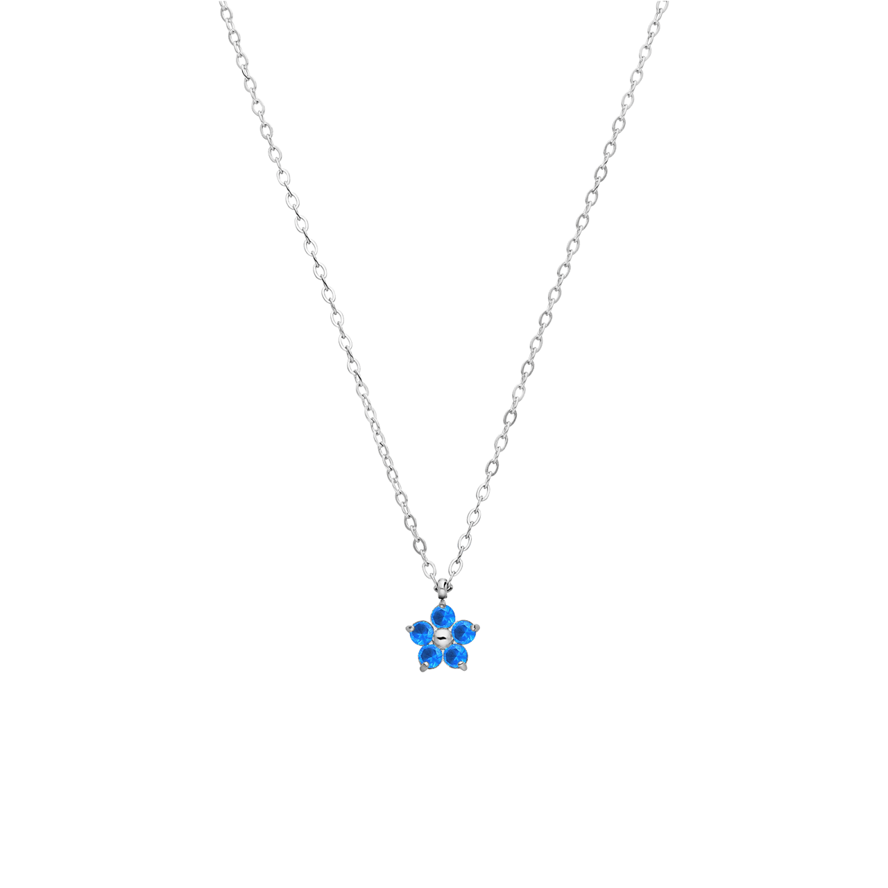 Halskette aus Edelstahl, Blume mit Zirkonia, blauer Topas