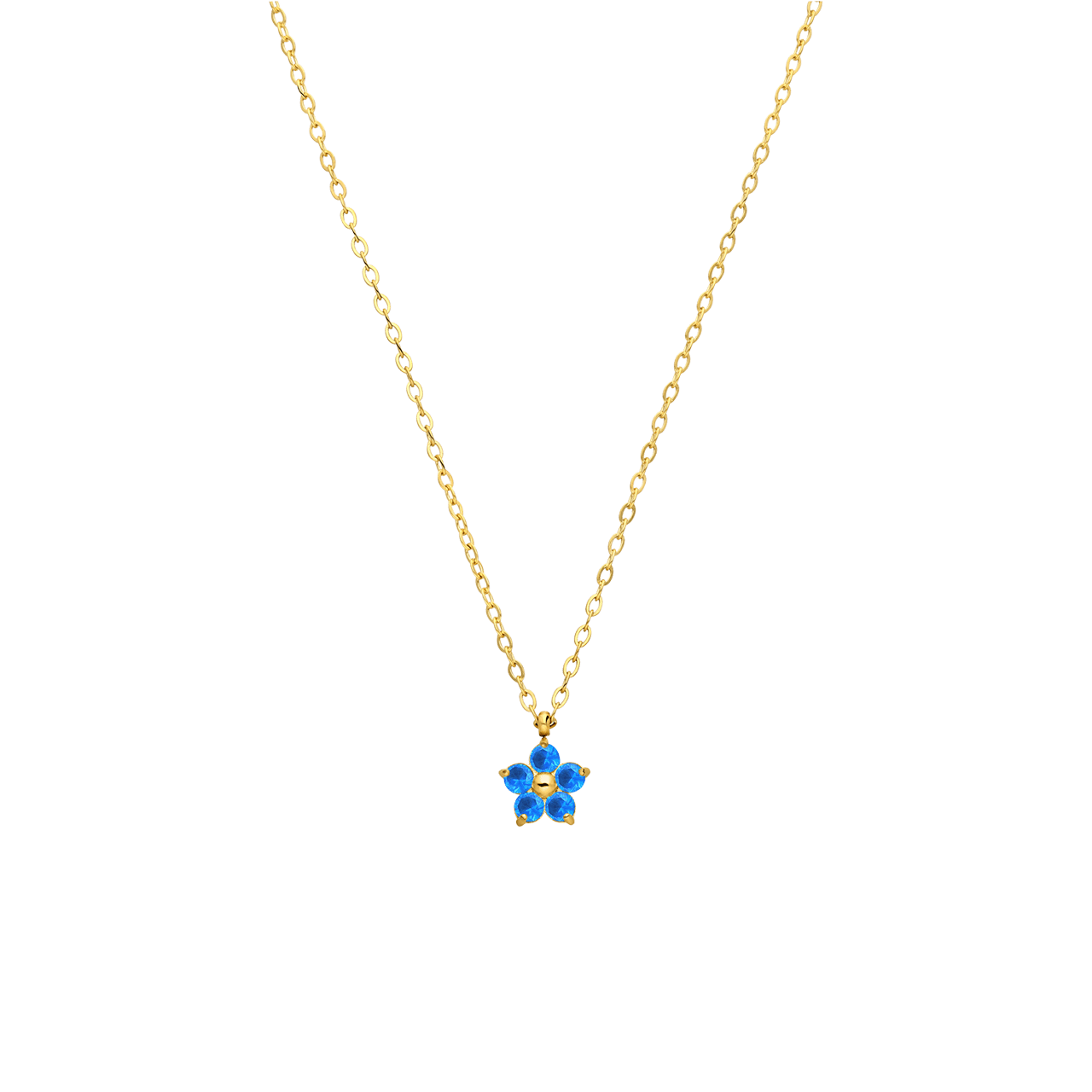 Halskette aus Edelstahl, vergoldet, Blume mit Zirkonia, blauer Topas