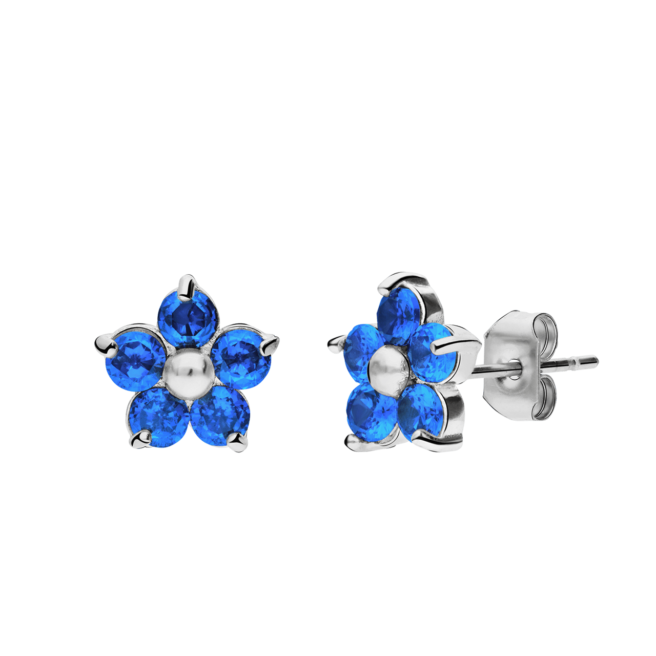 Stalen oorknoppen bloem met zirkonia blue topaz voor dames