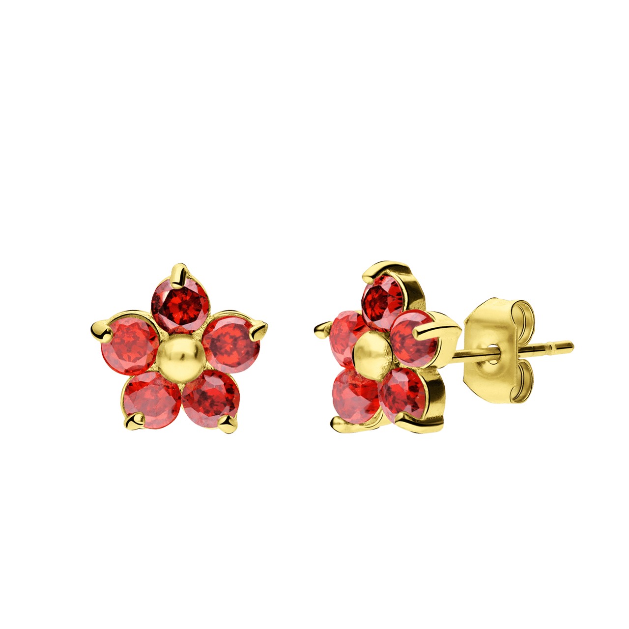 Stainless steel goldplated oorknoppen bloem met zirkonia rood voor dames