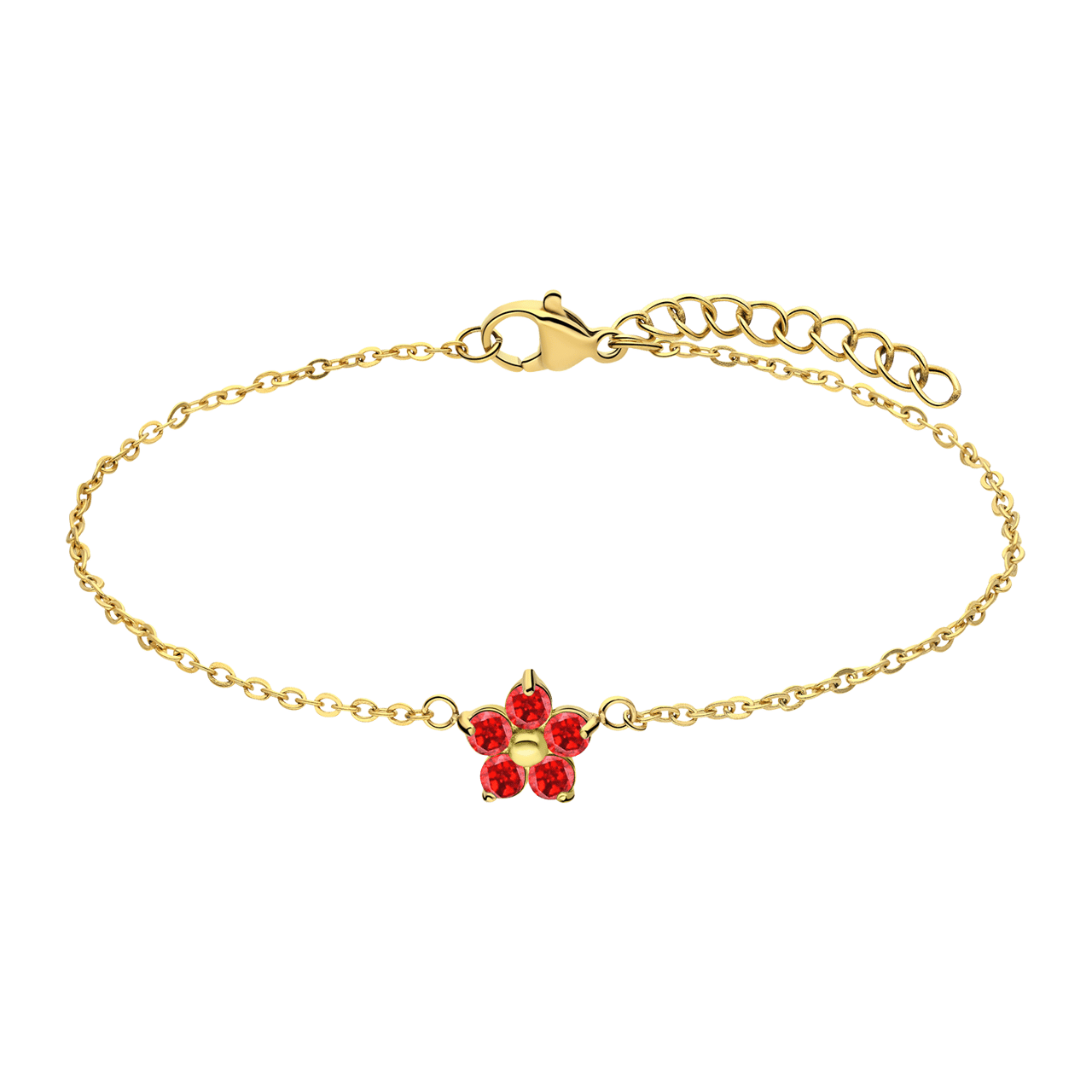 Stainless steel goldplated armband bloem met zirkonia rood