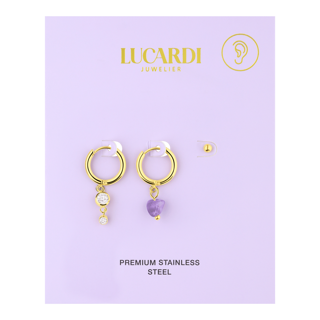 Stainless steel goldplated oorbellen set met amethyst voor dames