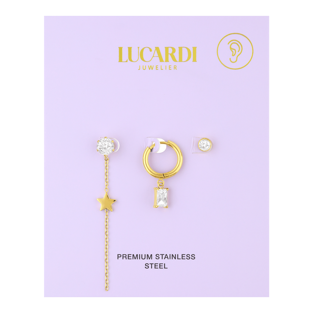 Stainless steel goldplated oorringen set ster met zirkonia voor dames