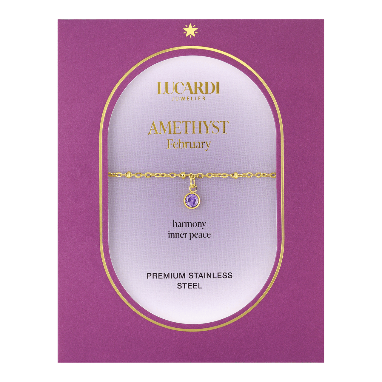 Stainless steel goldplated fantasiearmband met geboortesteen Februari voor dames