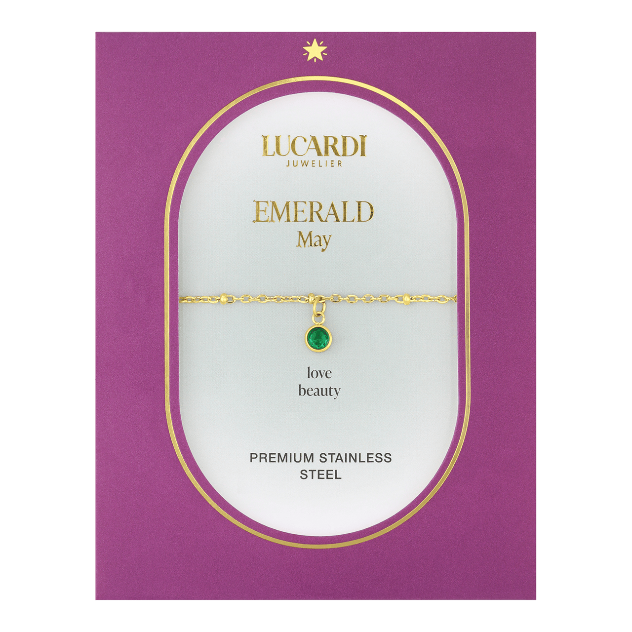 Stainless steel goldplated fantasiearmband met geboortesteen Mei voor dames