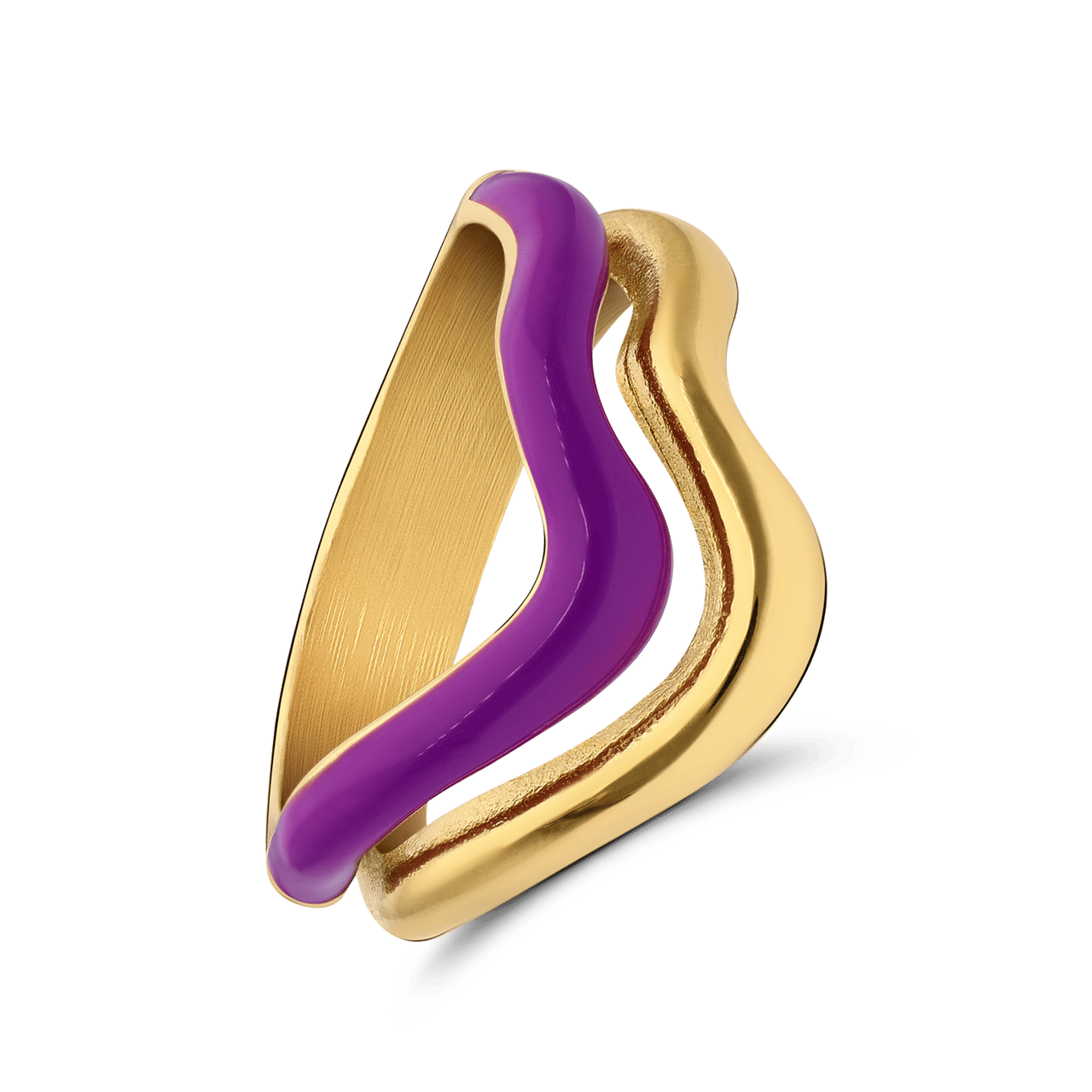 Stainless steel goldplated ring met paarse emaille