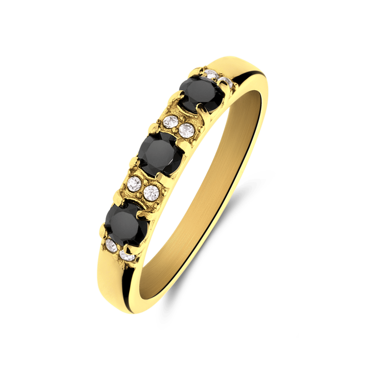 Stainless steel goldplated vintage ring 3 zwarte zirkonia