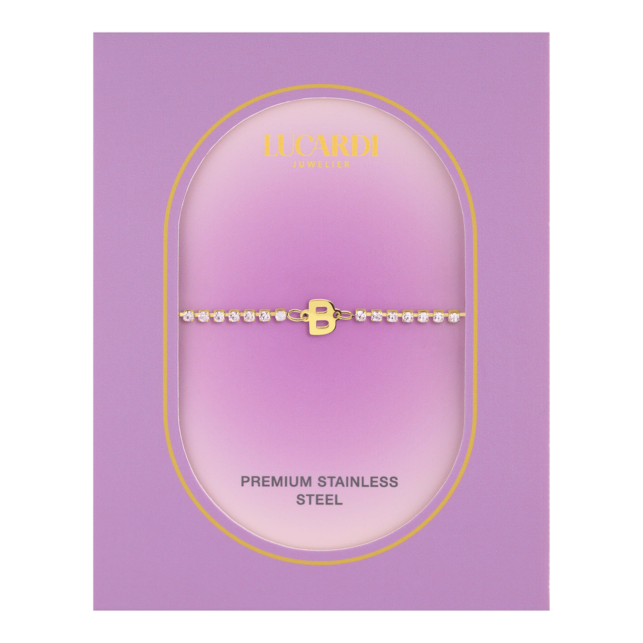 Stainless steel goldplated tennis armband wit cz letter - B