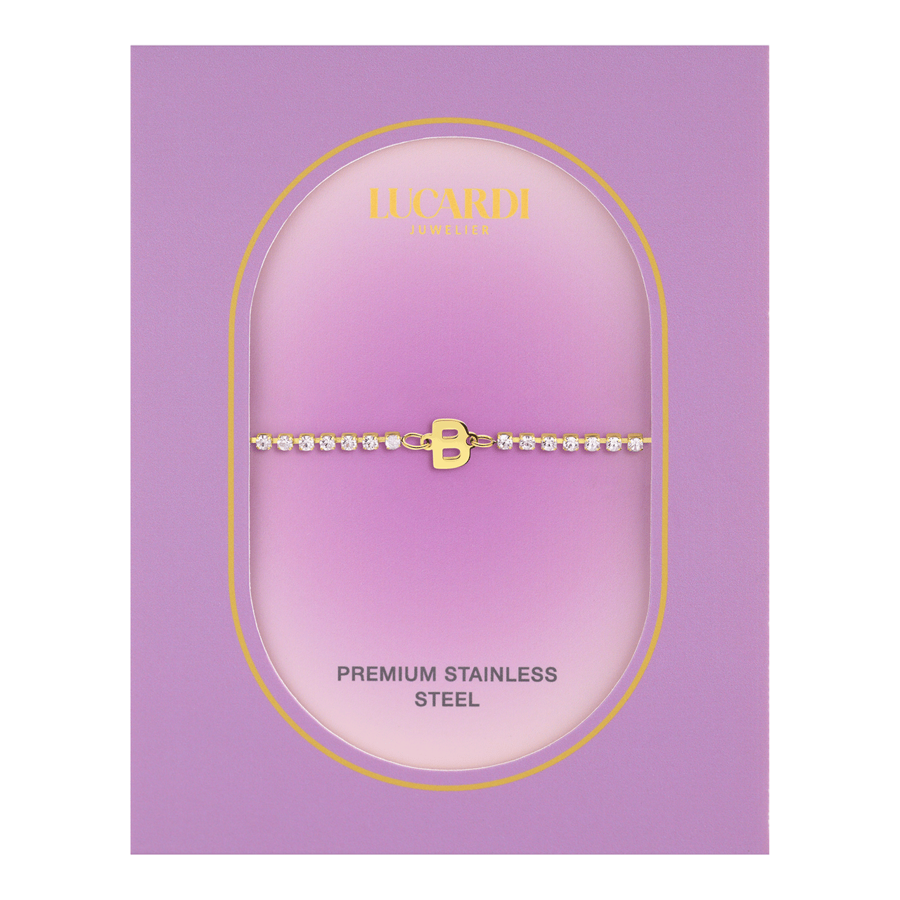 Stalen goldplated tennis armband wit cz letter - B