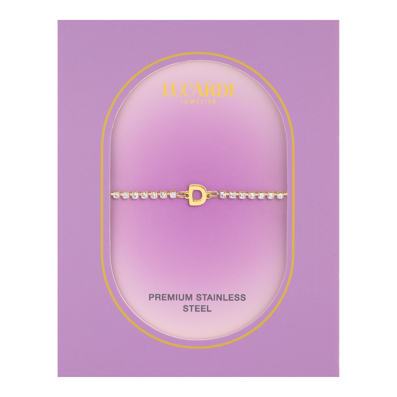 Stalen goldplated fantasiearmband met letterhanger D met zirkonia voor dames