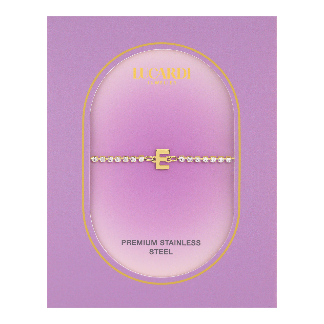 Stalen goldplated fantasiearmband met letterhanger E met zirkonia voor dames