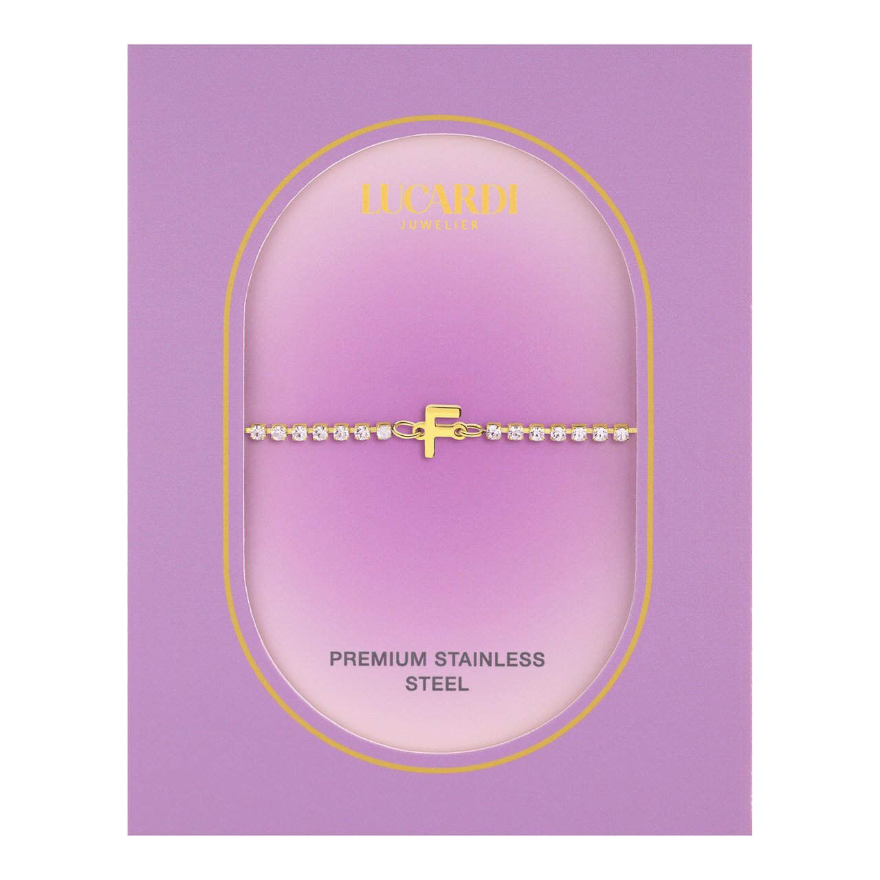 Stainless steel goldplated fantasiearmband met letterhanger F met zirkonia voor dames