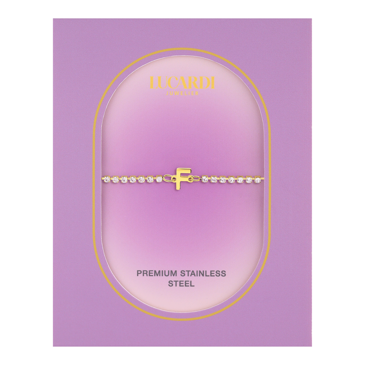Stalen goldplated fantasiearmband met letterhanger F met zirkonia voor dames