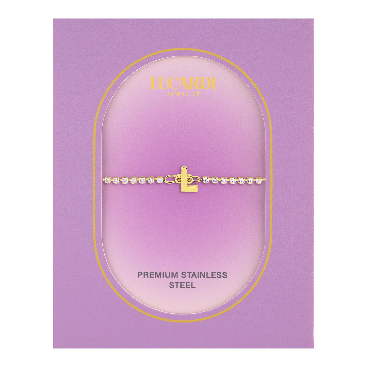 Stainless steel goldplated fantasiearmband met letterhanger L met zirkonia voor dames