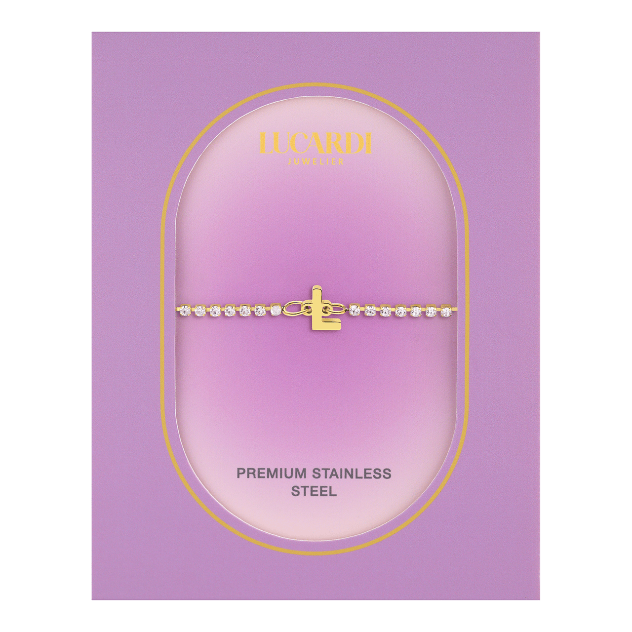 Stalen goldplated tennis armband wit cz letter - L