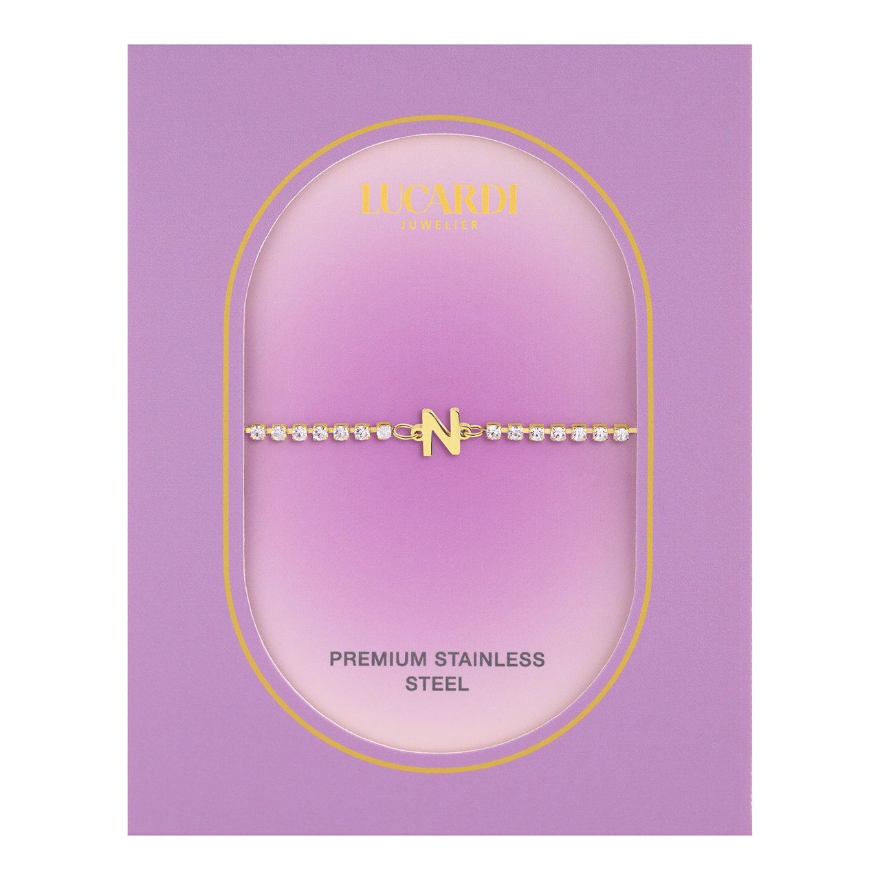Stalen goldplated tennis armband wit cz letter - N