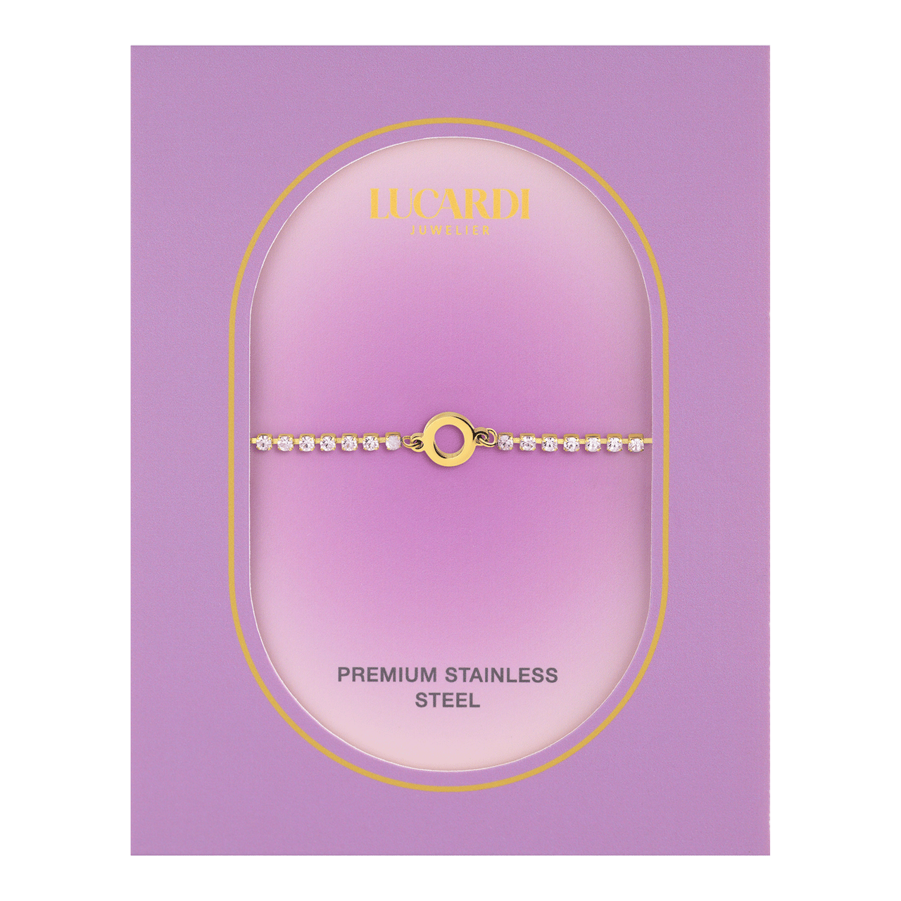 Stalen goldplated tennis armband wit cz letter - O