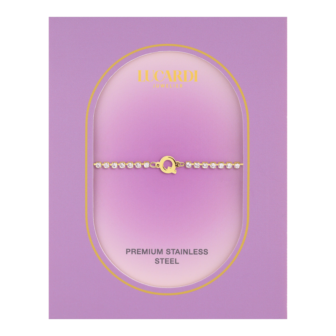 Stalen goldplated tennis armband wit cz letter - Q