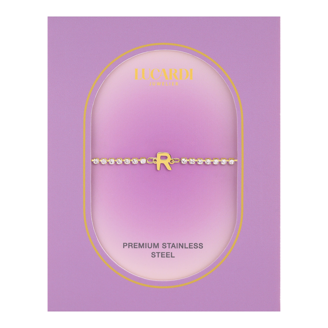 Stalen goldplated fantasiearmband met letterhanger R met zirkonia voor dames