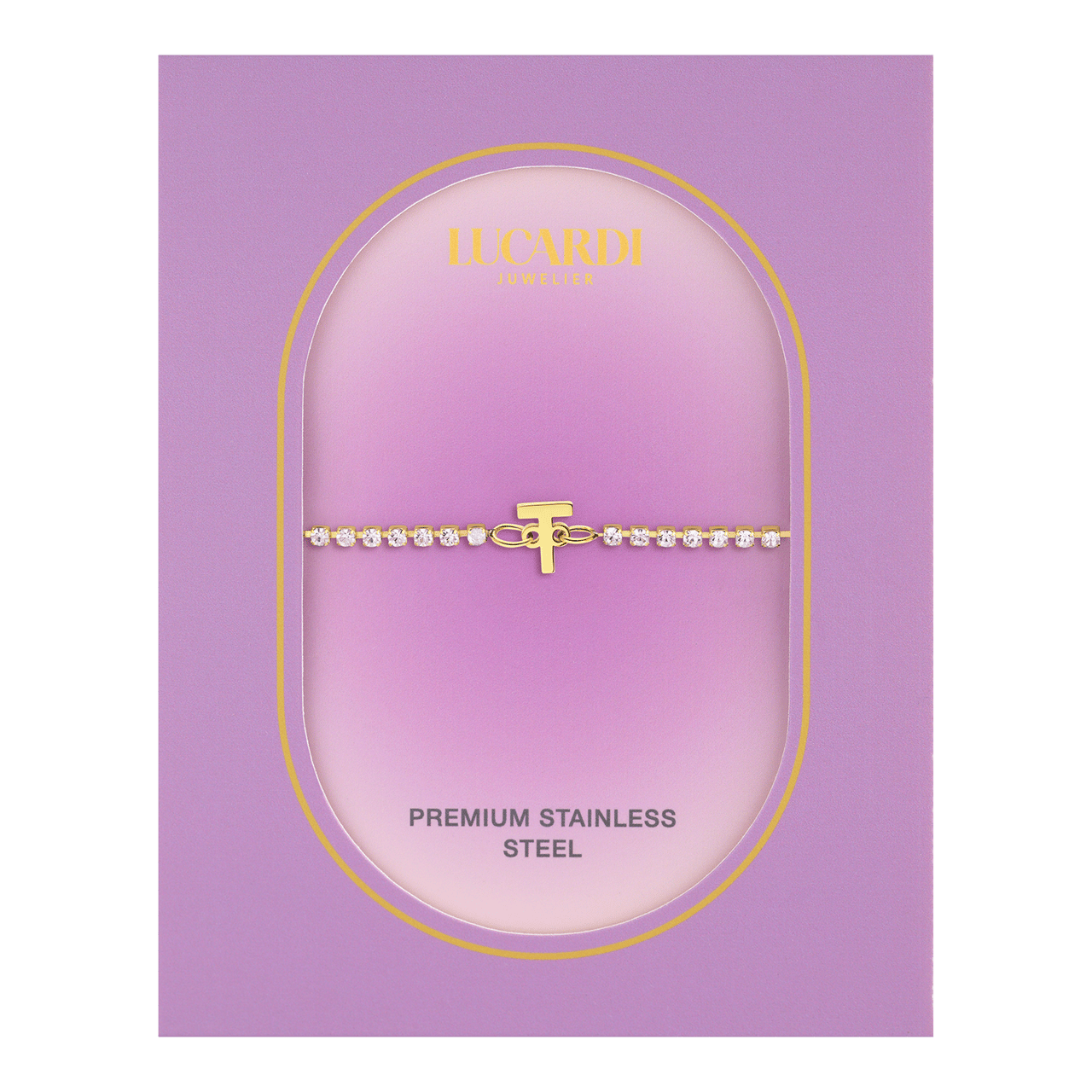 Stainless steel goldplated fantasiearmband met letterhanger T met zirkonia voor dames