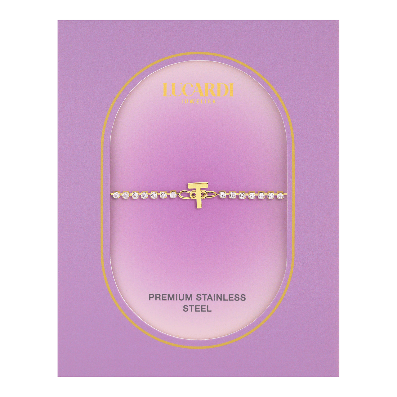 Stalen goldplated tennis armband wit cz letter - T