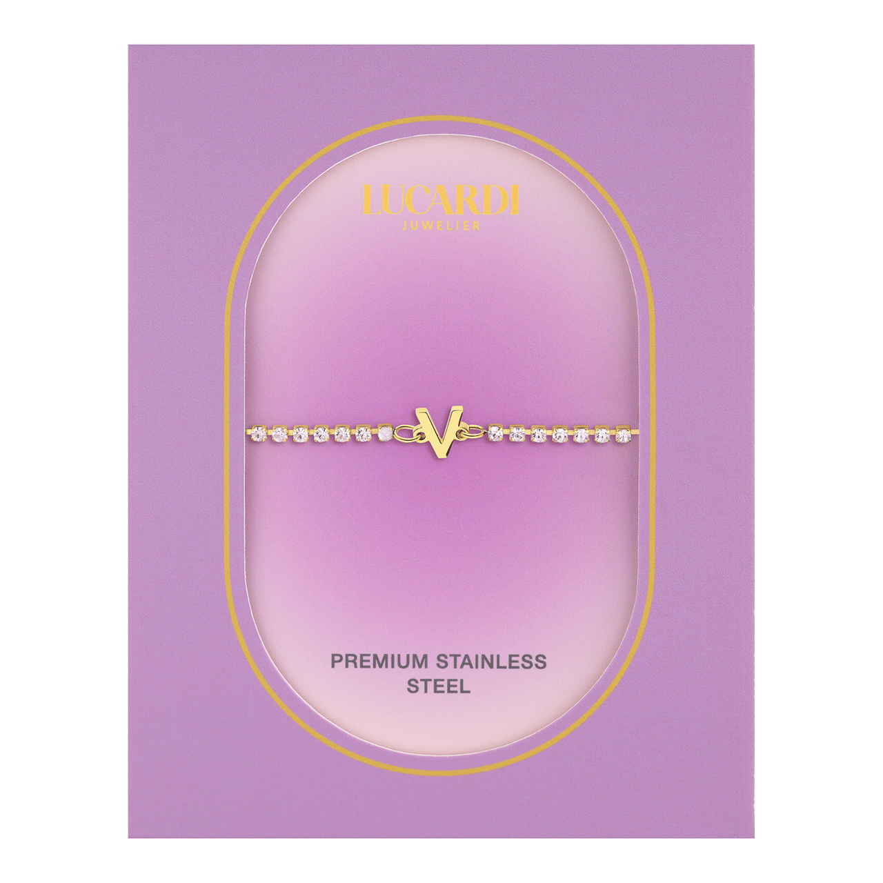 Stainless steel goldplated fantasiearmband met letterhanger V met zirkonia voor dames