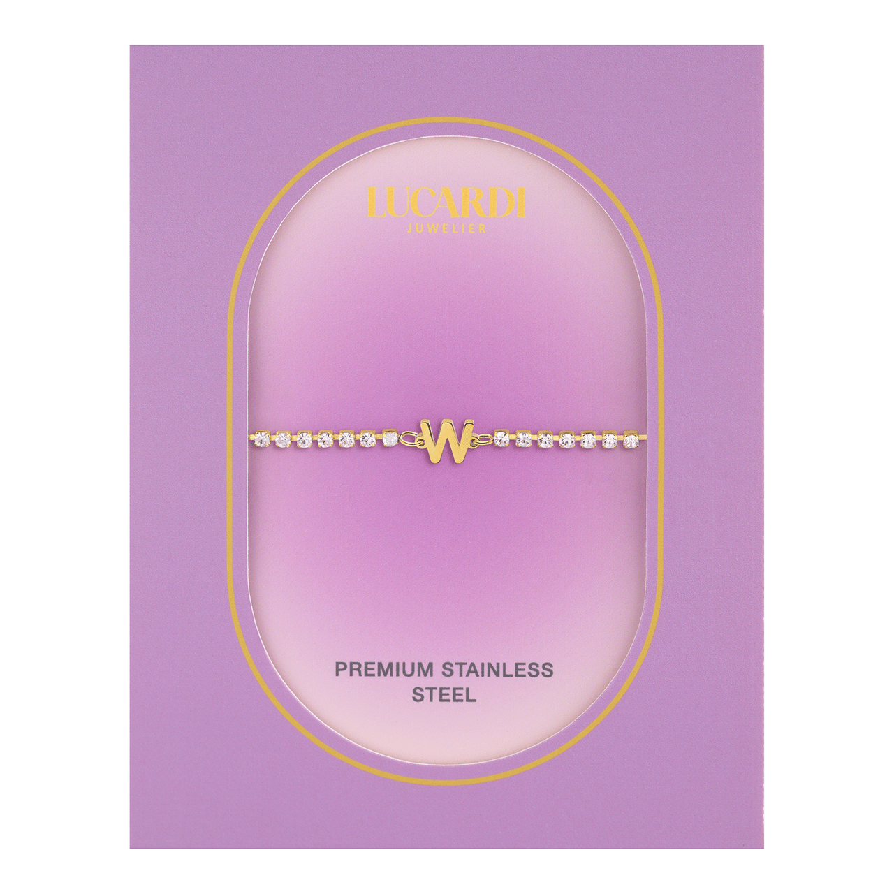 Stainless steel goldplated fantasiearmband met letterhanger W met zirkonia voor dames