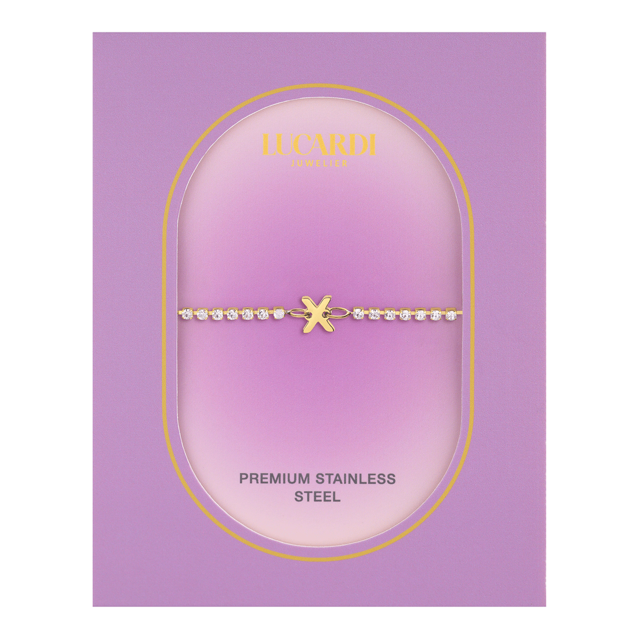 Stalen goldplated tennis armband wit cz letter - X