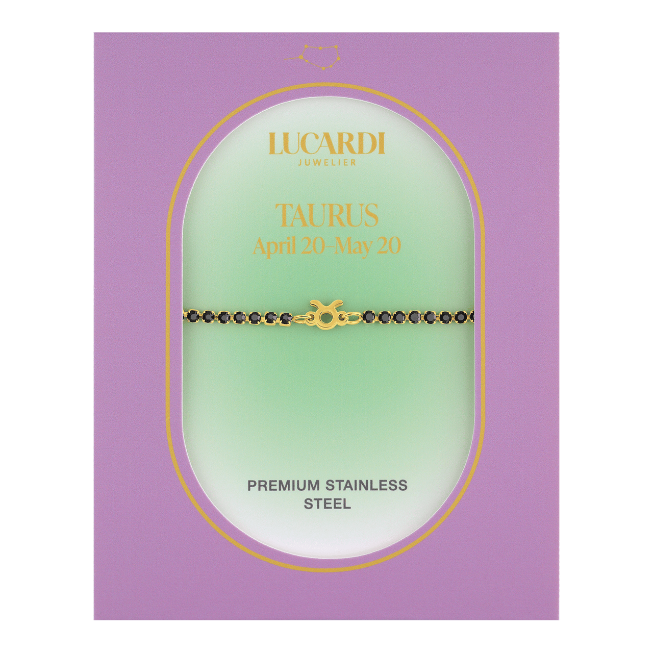 Stainless steel goldplated fantasiearmband met sterrenbeeldhanger Stier met zirkonia voor dames