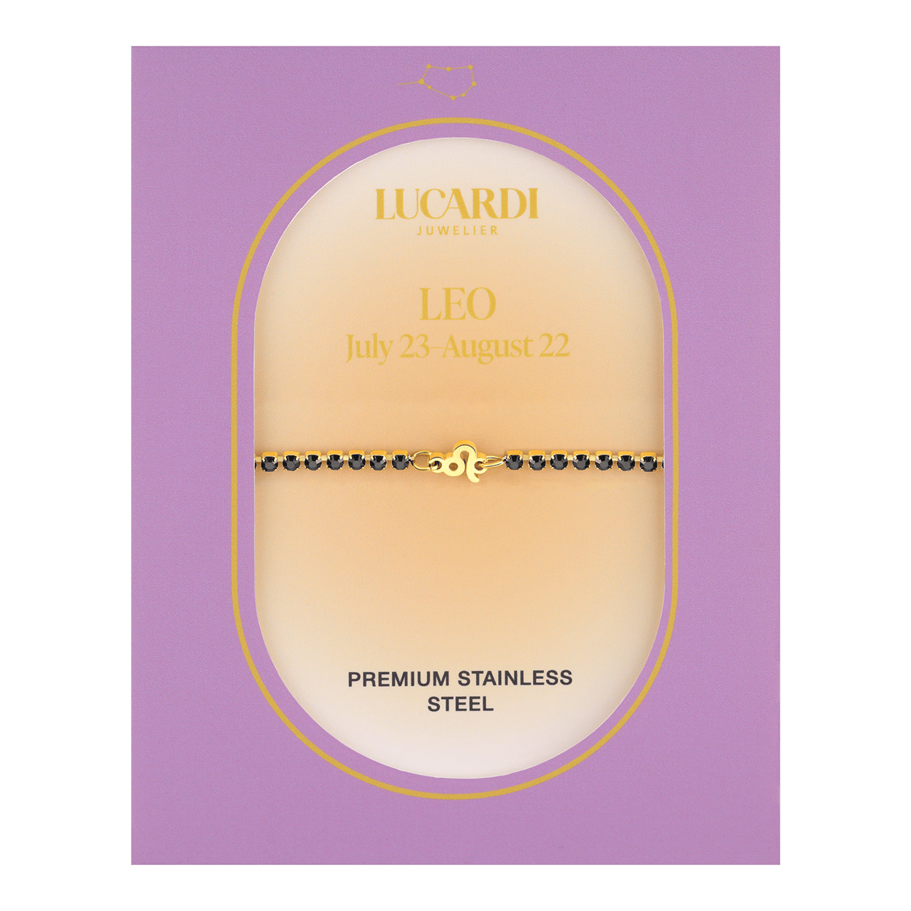 Stalen goldplated fantasiearmband met sterrenbeeldhanger Leeuw met zirkonia voor dames