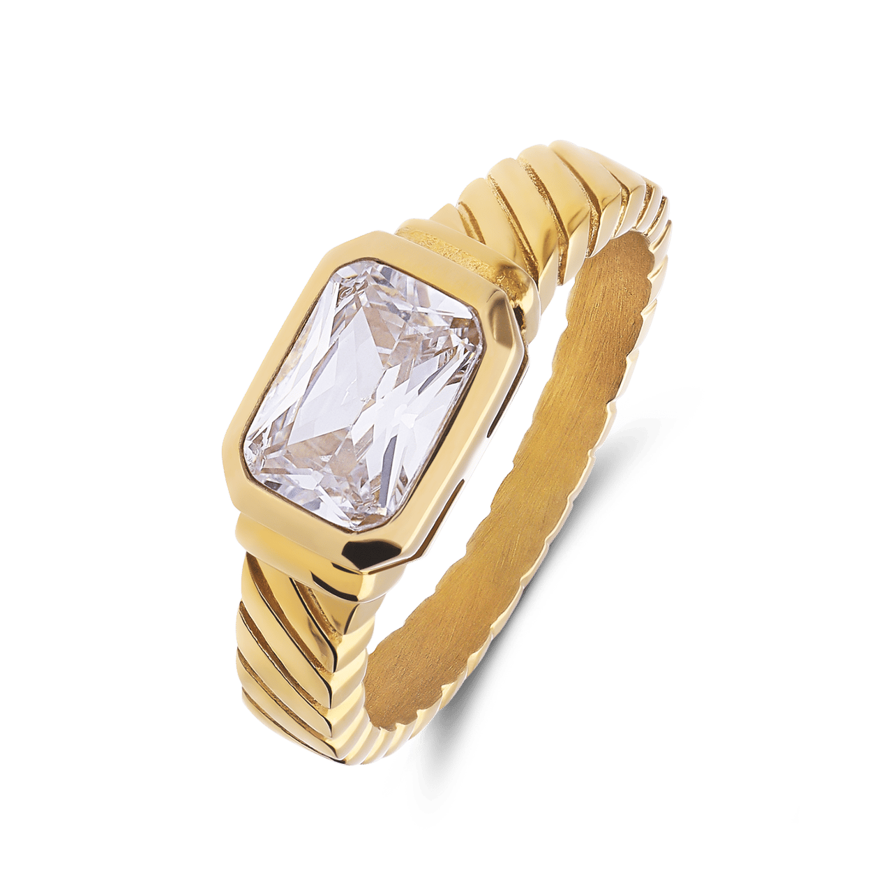 Stainless steel goldplated vintage ring met wit zirkonia