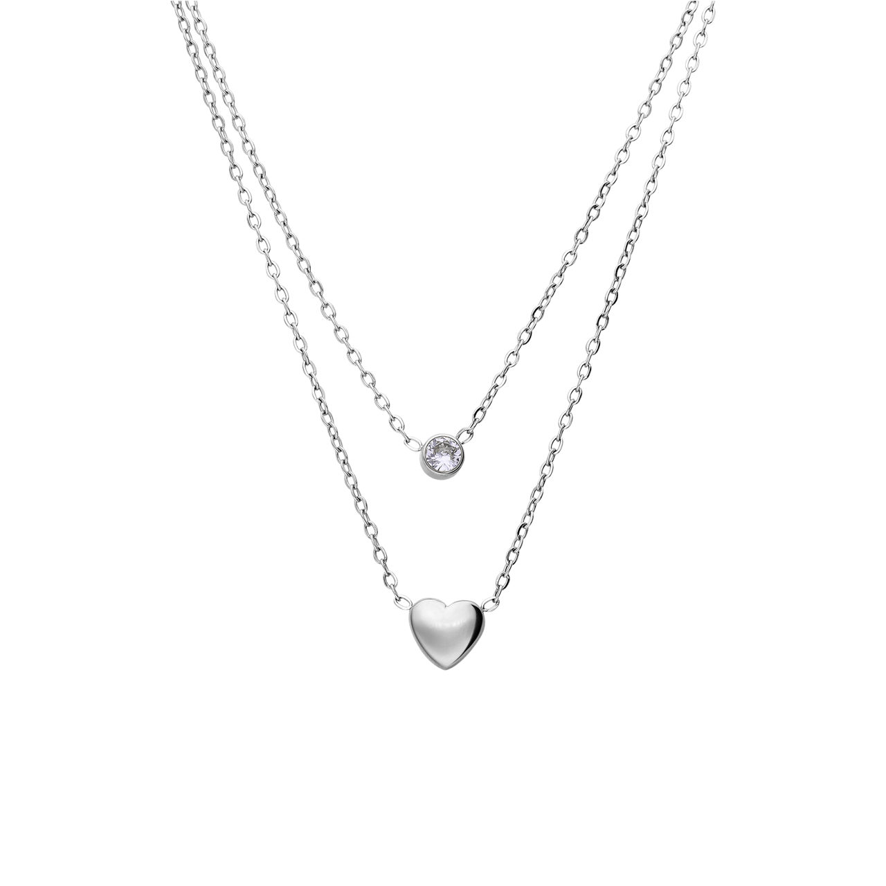 Stainless steel ketting dubbel met hart en zirkonia