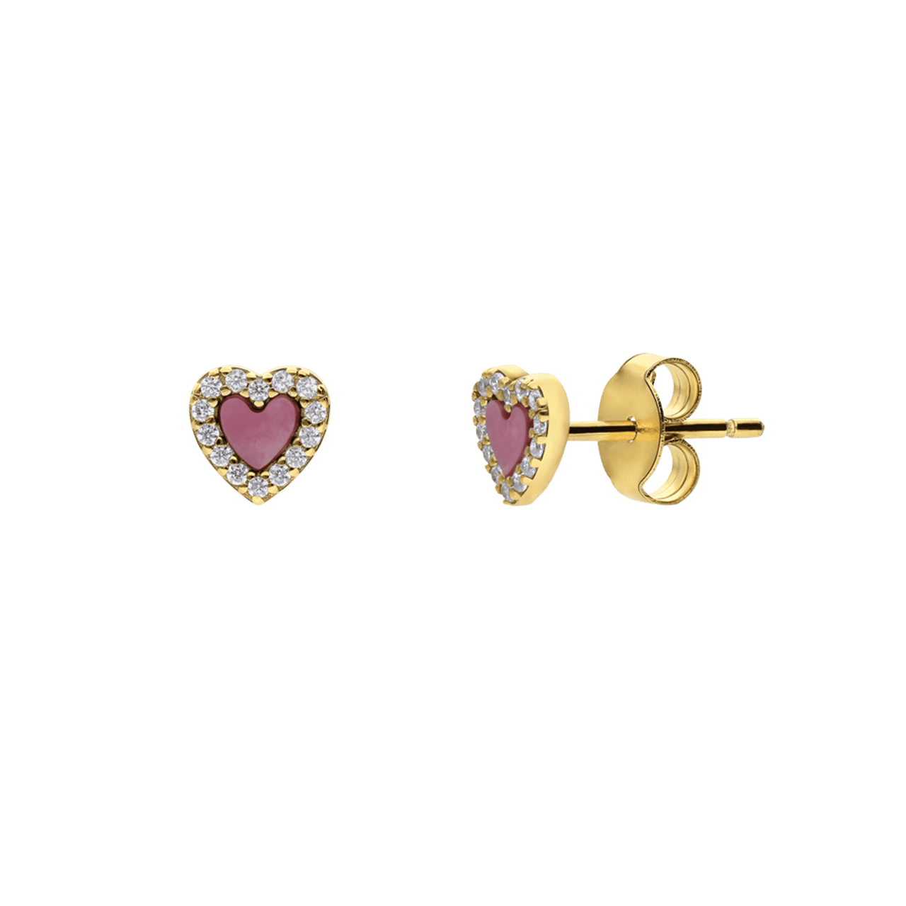 Zilveren goldplated oorknoppen hart met rhodoniet voor dames