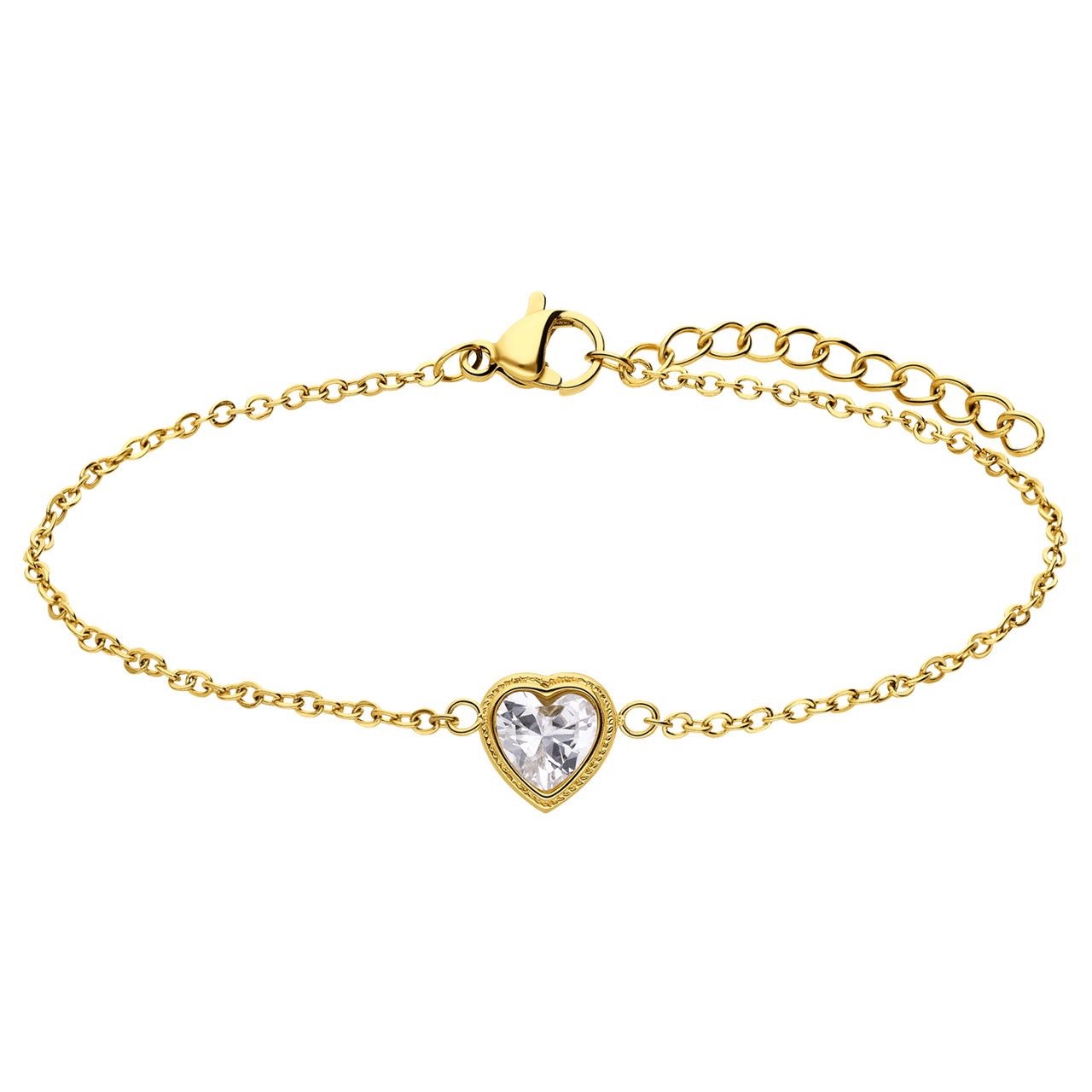 Stalen goldplated fantasiearmband met hanger hart met zirkonia voor dames