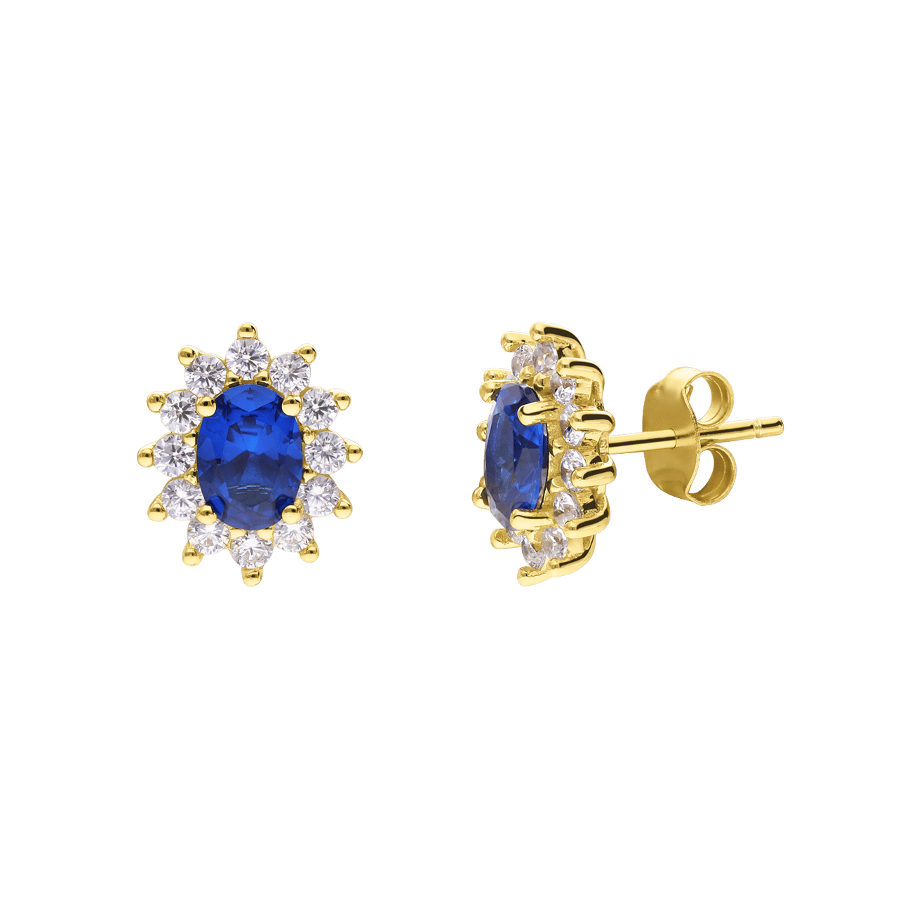 Zilveren goldpalted oorbellen met blauwe steen en zirkonia