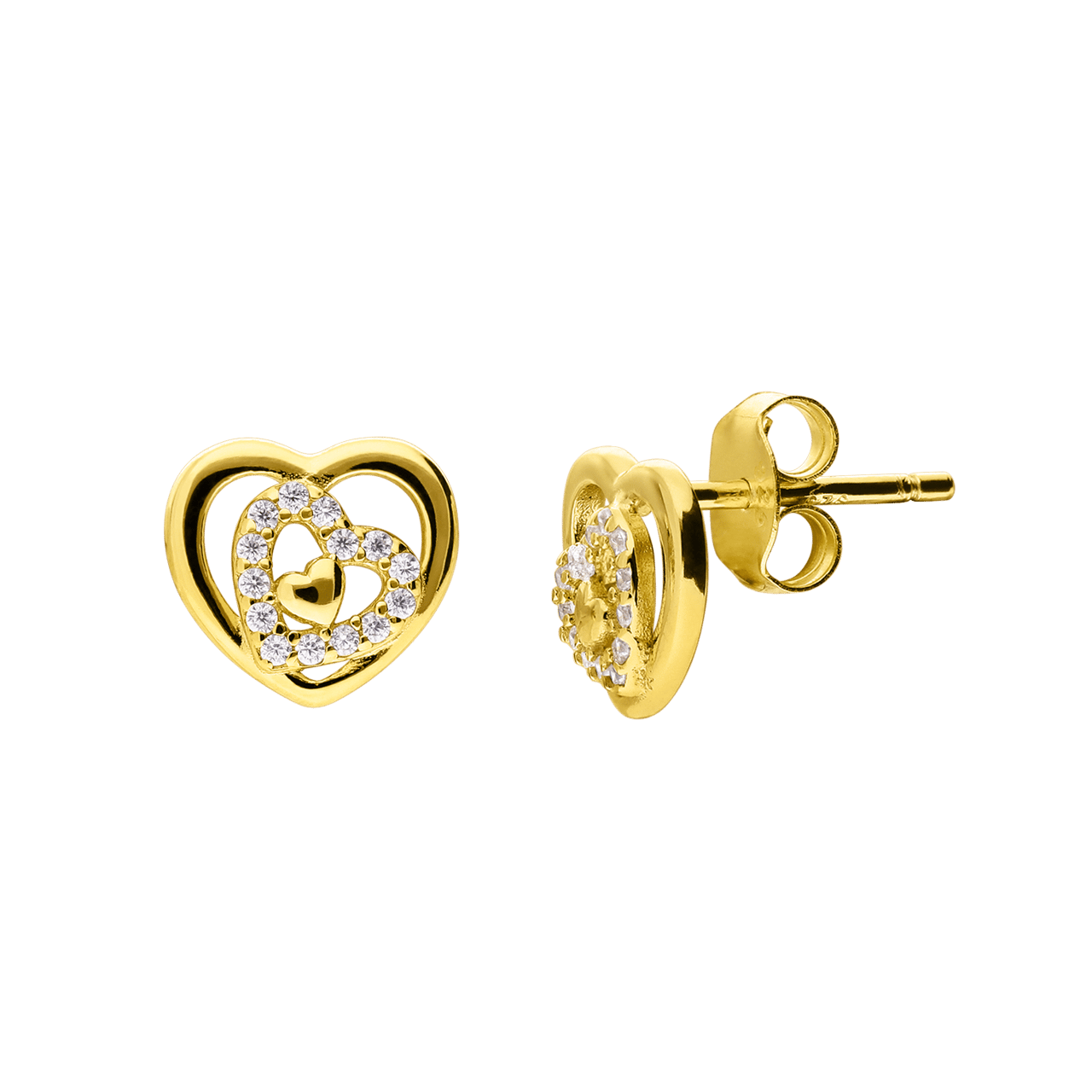 Zilveren goldplated oorknoppen hart met zirkonia voor dames