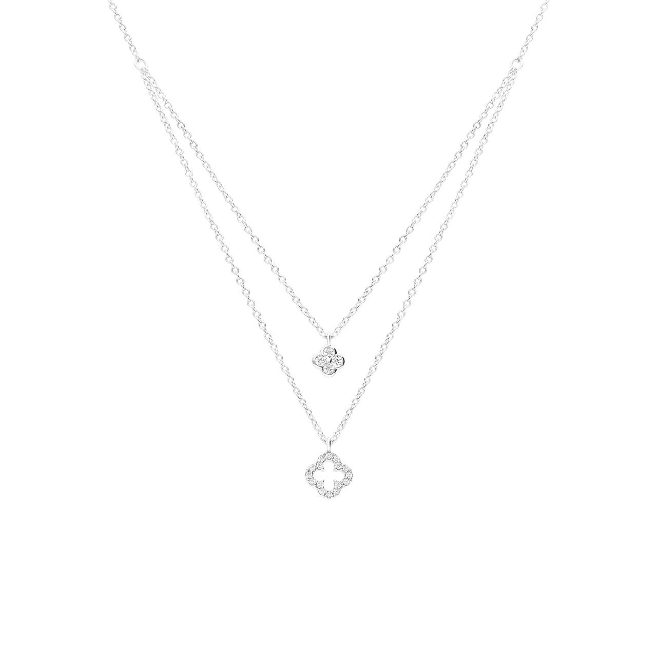 Halskette aus 925er Silber, mehrreihig, Kleeblatt, Zirkonia