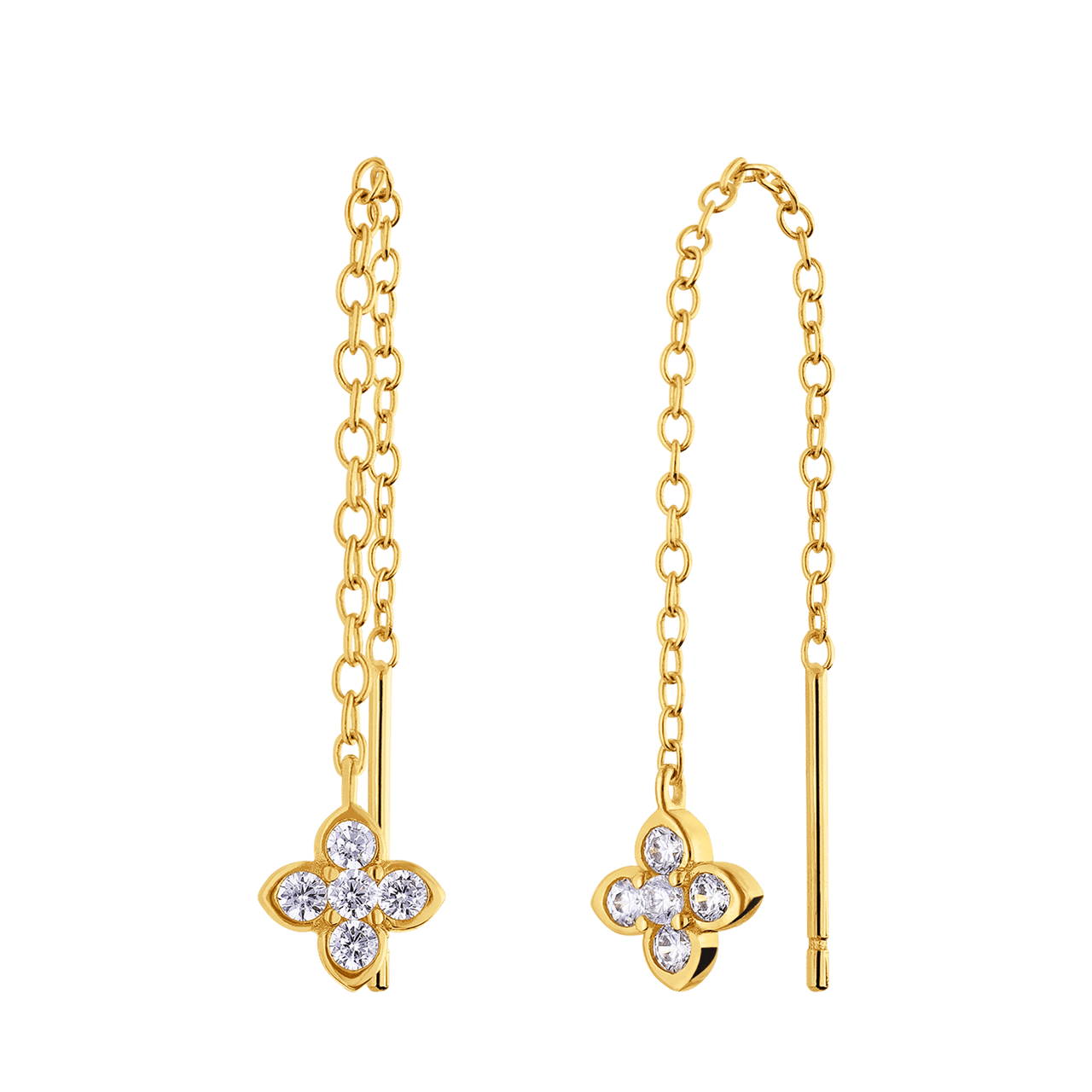 Zilveren goldplated doortrek oorbellen bloem met zirkonia voor dames
