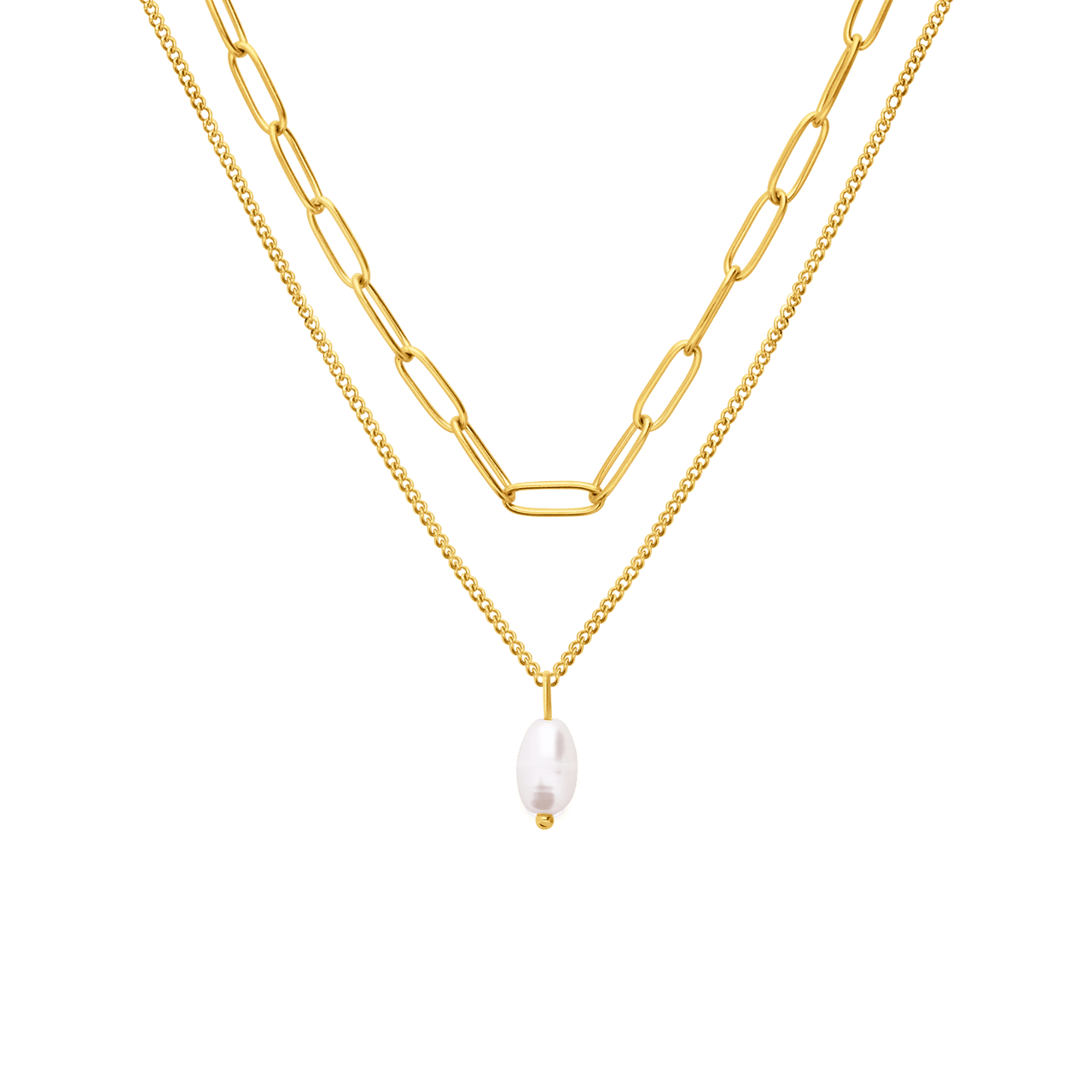 Stainless steel goldplated dubbele ketting met hanger met parel voor dames