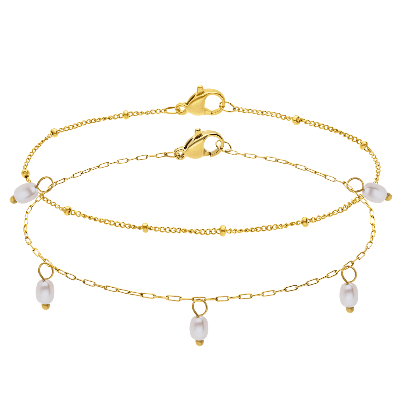 Stainless steel goldplated armbandenset met parel