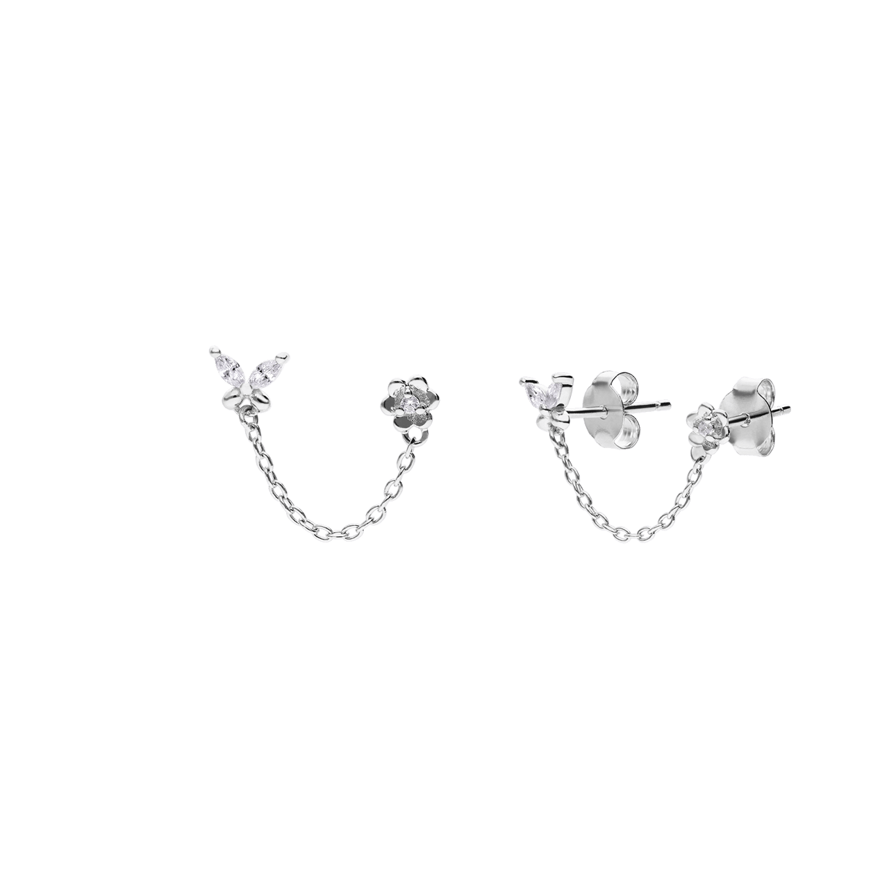 Ohrstecker aus 925 Silber, doppelt, Schmetterling, Blume, Zirkonia