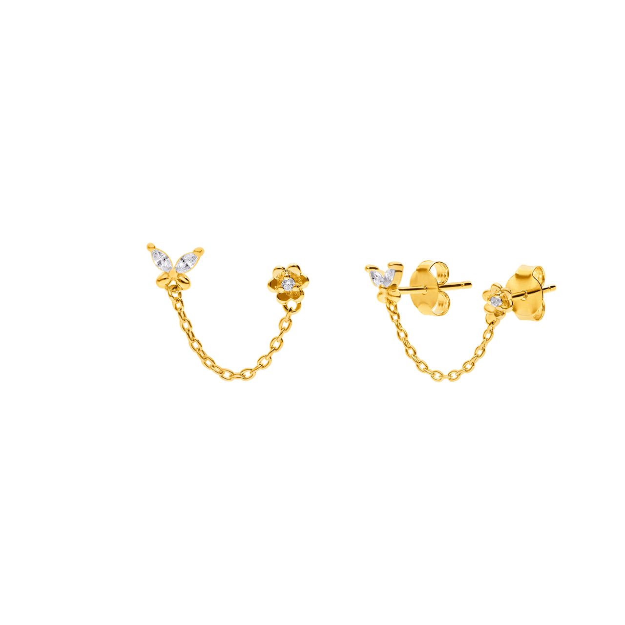 Zilveren goldplated oorknoppen dubbel vlinder met zirkonia voor dames