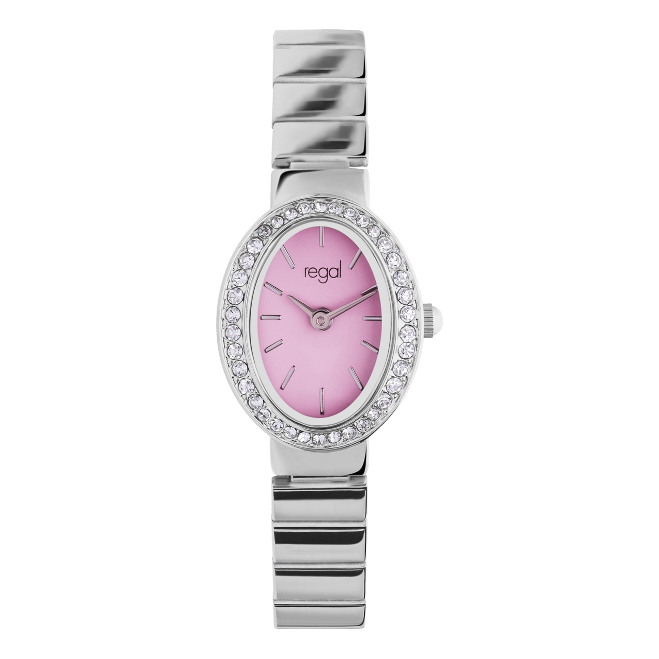 Regal Damen-Armbanduhr mit einem rosafarbenen, mit Zirkoniasteinen besetzten Zifferblatt.