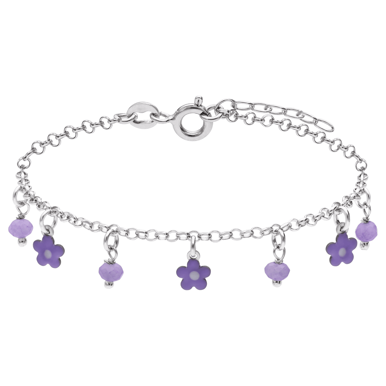 Bettelarmband aus 925er Silber mit lila Blumen