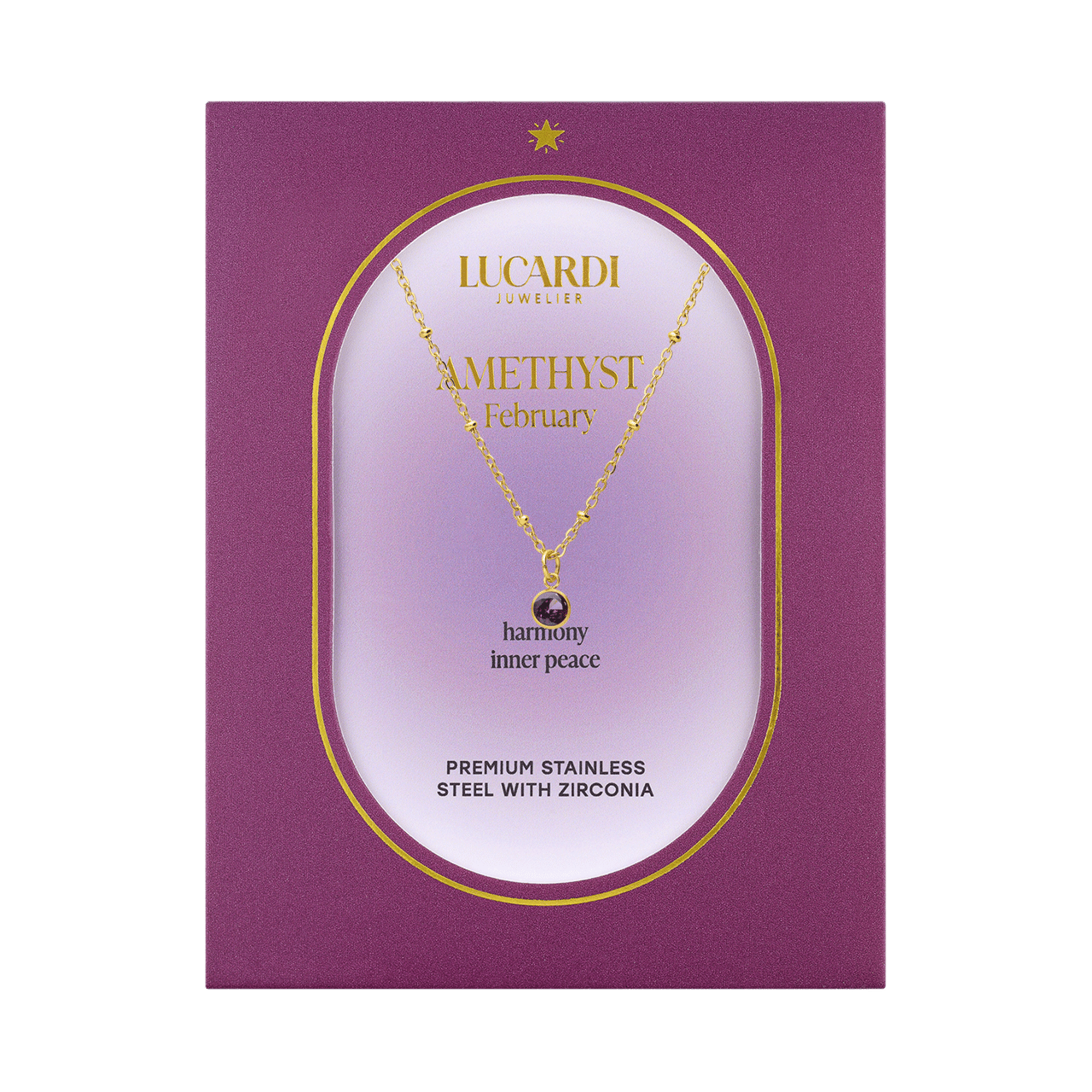 Stainless steel goldplated ketting met geboortesteen hanger februari