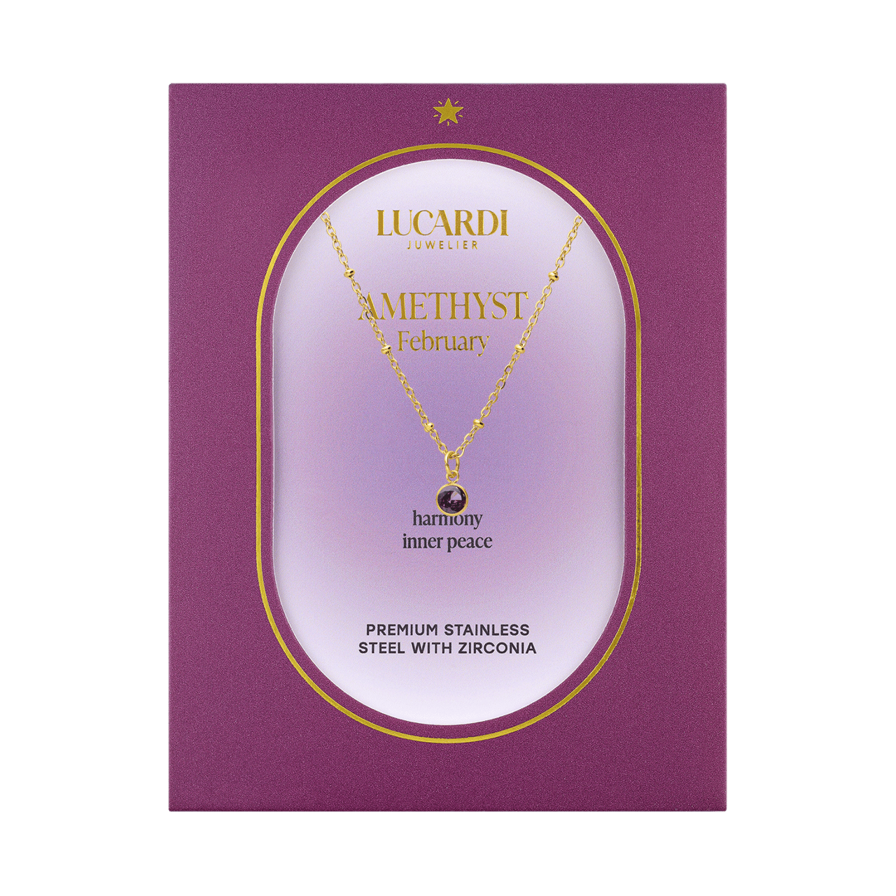 Stalen goldplated ketting met geboortesteen hanger februari