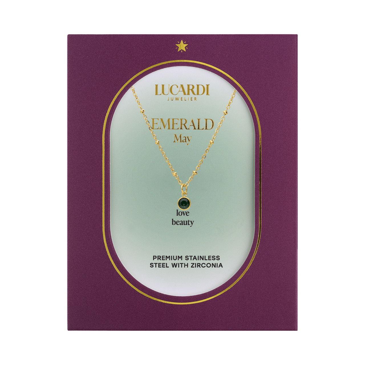 Stainless steel goldplated ketting met hanger geboortesteen Mei voor dames