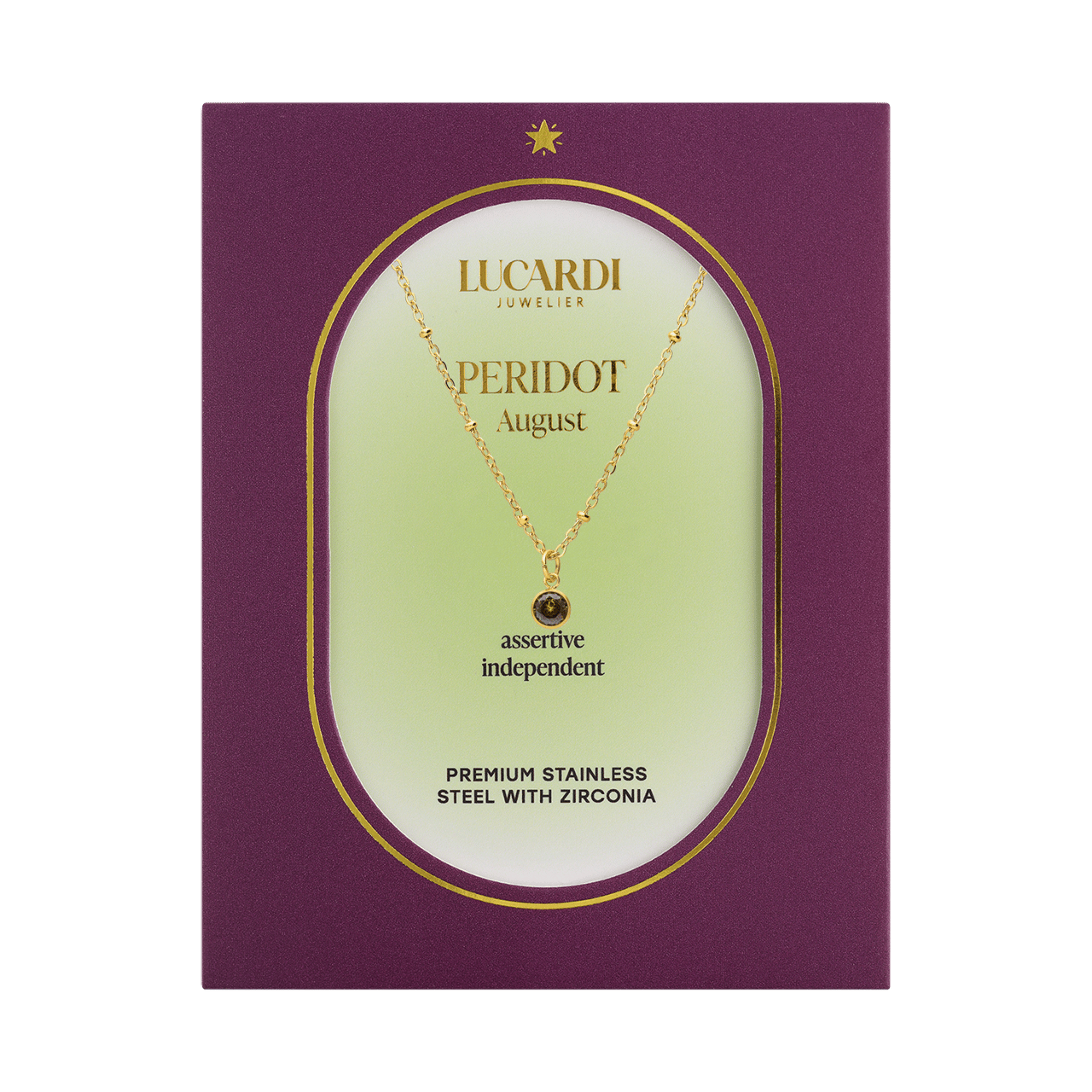 Stainless steel goldplated ketting met hanger geboortesteen Augustus voor dames