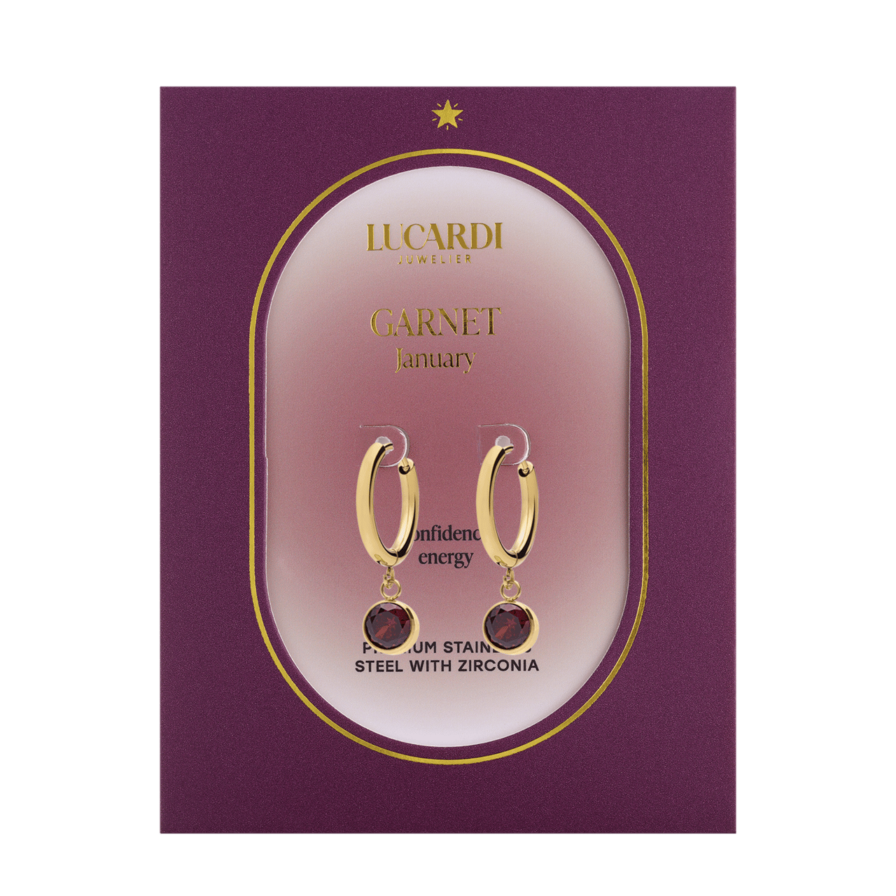 Stainless steel goldplated oorbellen geboortesteen januari