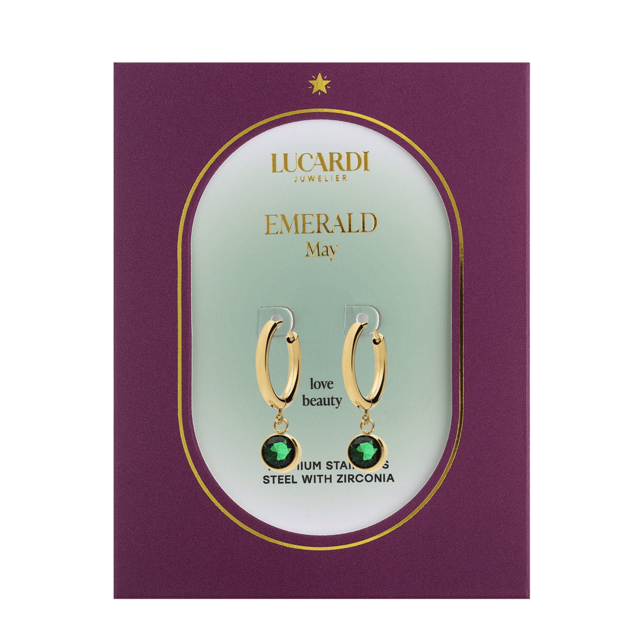 Stainless steel goldplated oorbellen geboortesteen mei